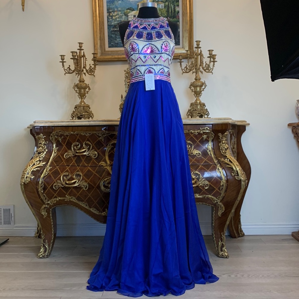 Illusion beaded halter formal evening prom dress